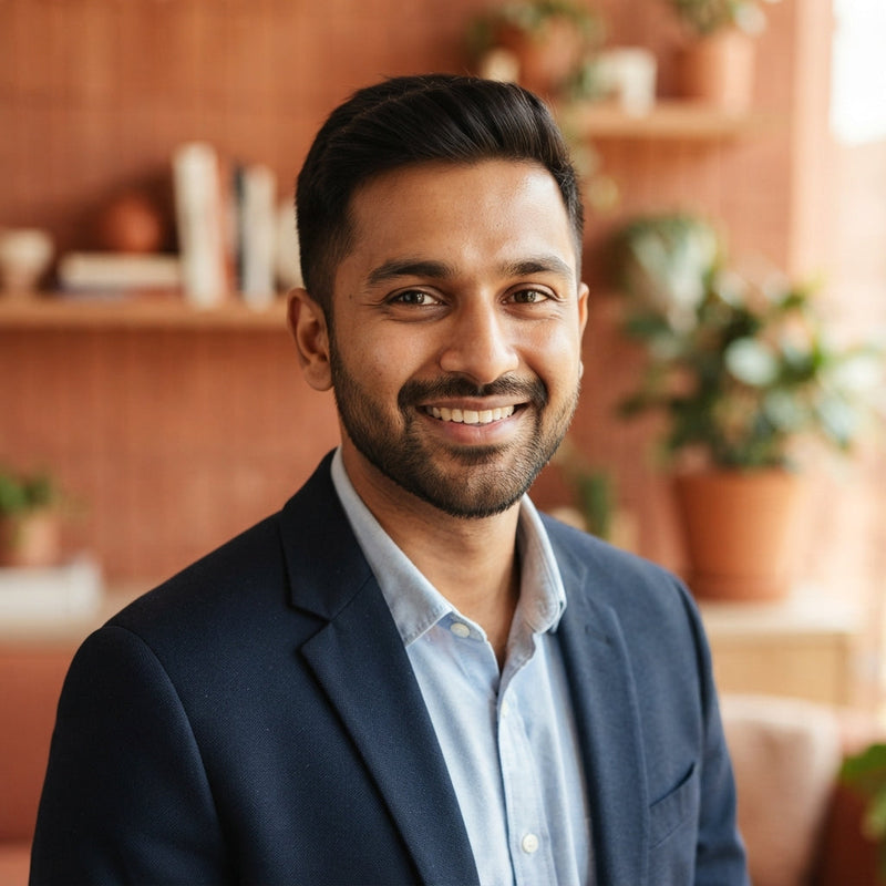 Portrait headshot of a smiling South Asian man in a modern, professional setting with warm terracotta and white decor.