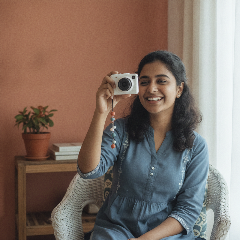 A young South Asian woman, Kavya Nair, smiling and holding a white mini digital camera with a keychain in Chennai, demonstrat