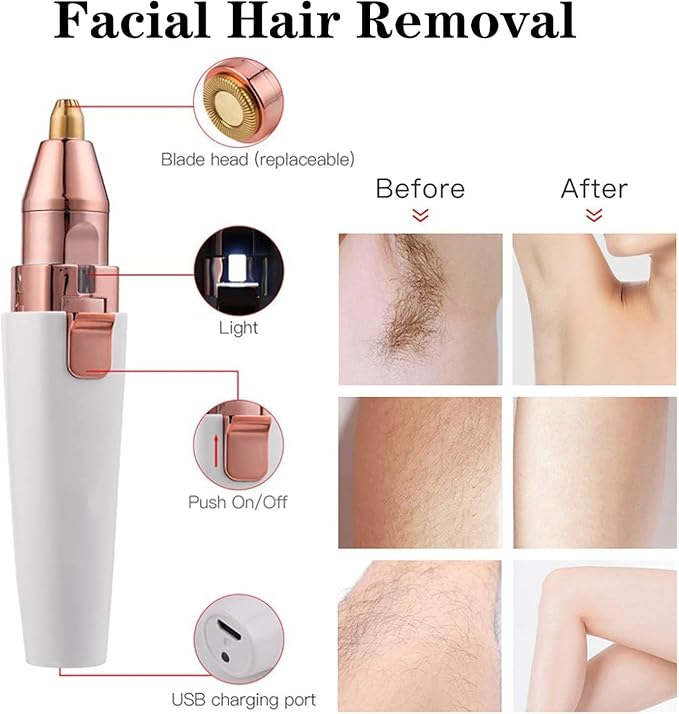 USB Rechargeable Facial Hair Remover for Women - Smooth, Painless Epilator Trimmer 30 min  Runtime 1 Length Settings (White)