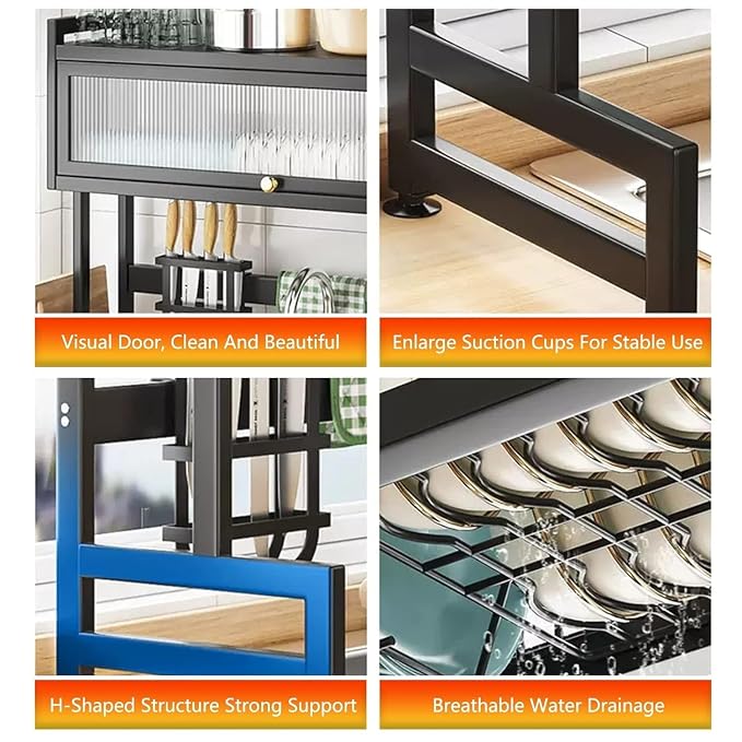 PICKXO-The-Sink Dish Drying Rack with Dustproof Flip Cover Door | Multifunctional Adjustable Metal Kitchen Countertop Organizer (Black, 85x80x29Cm)