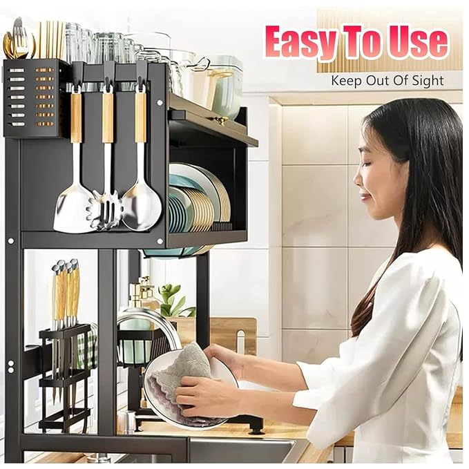 PICKXO-The-Sink Dish Drying Rack with Dustproof Flip Cover Door | Multifunctional Adjustable Metal Kitchen Countertop Organizer (Black, 85x80x29Cm)