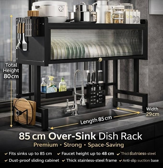 PICKXO-The-Sink Dish Drying Rack with Dustproof Flip Cover Door | Multifunctional Adjustable Metal Kitchen Countertop Organizer (Black, 85x80x29Cm)