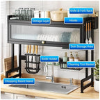 PICKXO-The-Sink Dish Drying Rack with Dustproof Flip Cover Door | Multifunctional Adjustable Metal Kitchen Countertop Organizer (Black, 85x80x29Cm)