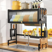 PICKXO-The-Sink Dish Drying Rack with Dustproof Flip Cover Door | Multifunctional Adjustable Metal Kitchen Countertop Organizer (Black, 85x80x29Cm)